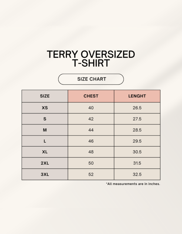 Terry Oversized Tee Size Chart in Inches