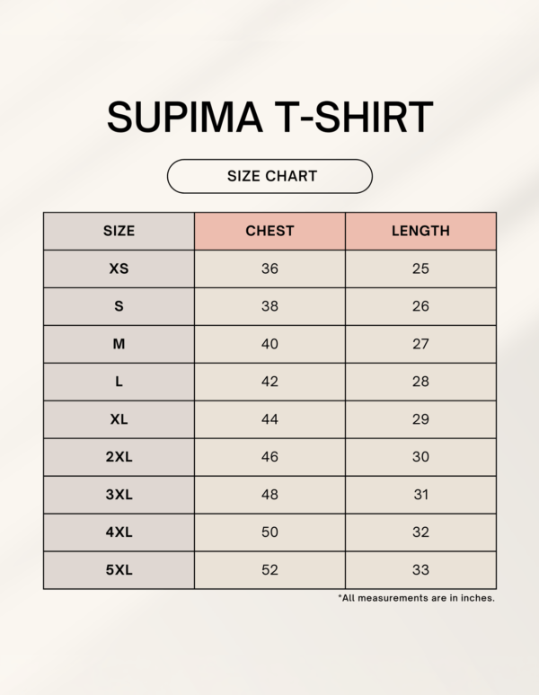 Supima t-shirt size chart in Inches